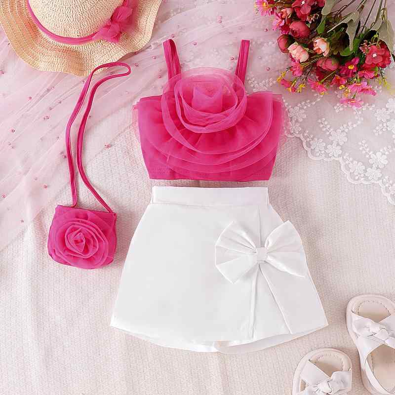 セットアップ 女の子 キッズ 子供服 春夏 3点セット 立体 花飾り キャミソール ショートパンツ バッグ 欧米風 コットン 綿 柔らかい 肌触り 普段使い お出かけ リゾート カジュアル かわいい ローズレッド パープル イエロー