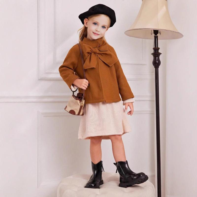 セットアップ 女の子 キッズ 子供服 秋冬 キャラメル ジャケット アウター コート 長袖 リボン 紐 前開き ウール調 メルトン ミニスカート 欧米風 普段使い 通園 お出かけ 柔らかい 綿