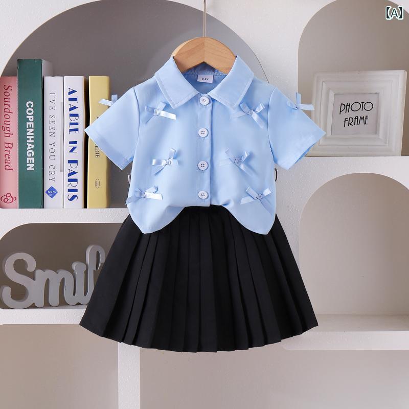 セットアップ 女の子 キッズ 春夏 ブラウス プリーツスカート 半袖 シャツ リボン コットン 綿 ブルー 青 おしゃれ かわいい 韓国 スウィート カジュアル 普段着 お出かけ ボタン トップス ボトムス ゆったり