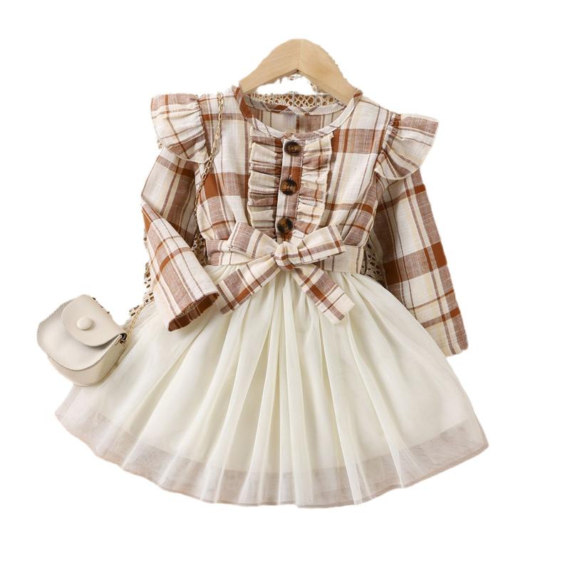 ワンピース 女の子 ベビー服 キッズ プリンセス ドレス 長袖 チェック柄 ストライプ チュール 秋冬 ブラウン 欧米風 カジュアル コットン 綿 素材 柔らかい お出かけ 普段着 通園 かわいい おしゃれ