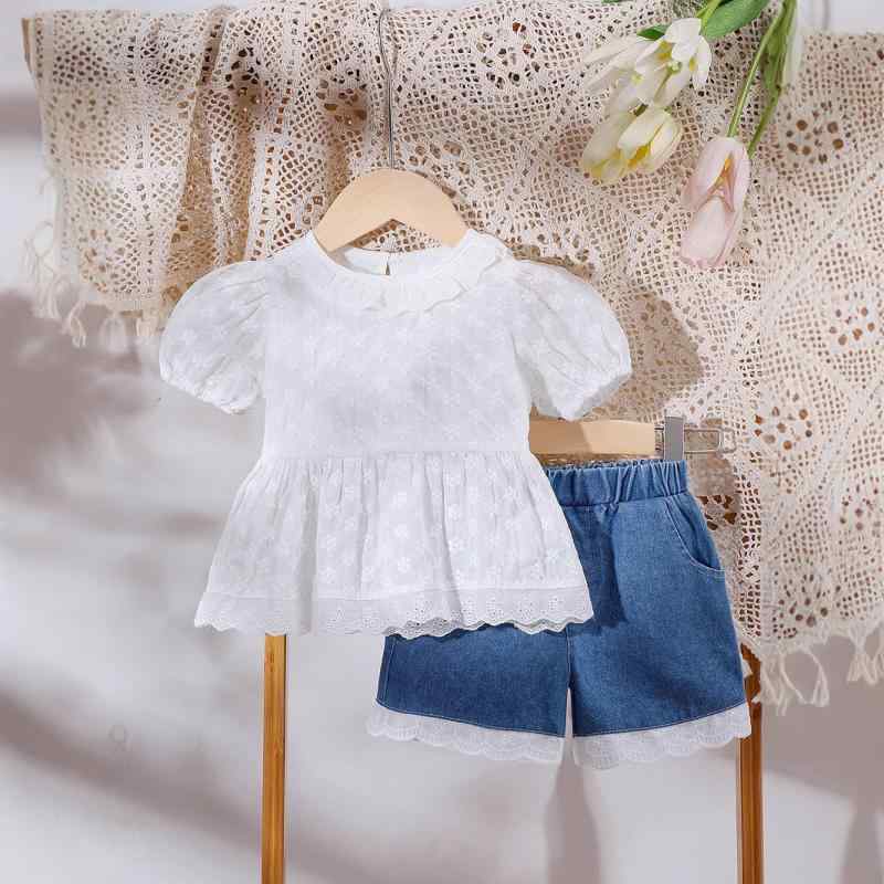 セットアップ 女の子 キッズ 春夏 ニット パフスリーブ トップス 半袖 デニム ショートパンツ 短パン レース 欧米風 カジュアル かわいい ガーリー 綿 コットン 白 ホワイト 部屋着 普段使い お出かけ