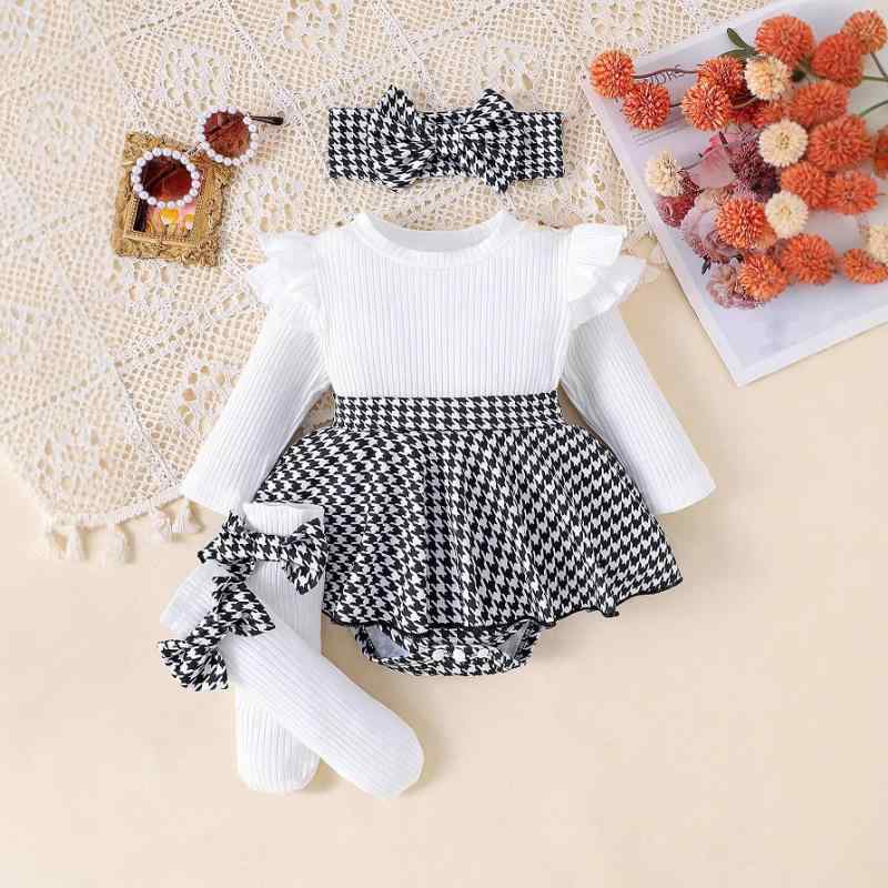 ロンパース 女の子 ベビー セットアップ 長袖 千鳥格子 スカート リブニット 秋冬 コットン 柔らかい 快適 伸縮性 欧米風 かわいい カジュアル 普段使い お出かけ ブラック ホワイト ピンク