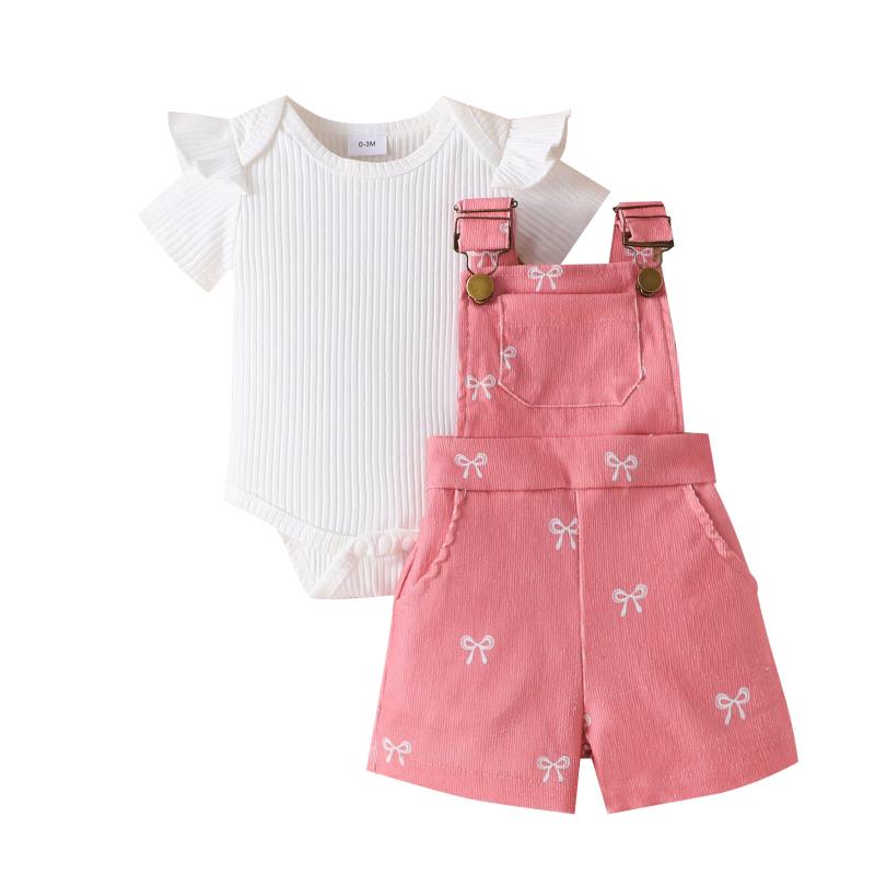 セットアップ ベビー 女の子 子供服 赤ちゃん ロンパース ボディスーツ サロペット オーバーオール 上下セット 2点セット 半袖 半ズボン ショートパンツ コットン リブ 綿 春夏 欧米風 おしゃれ かわいい ピンク ブラウン