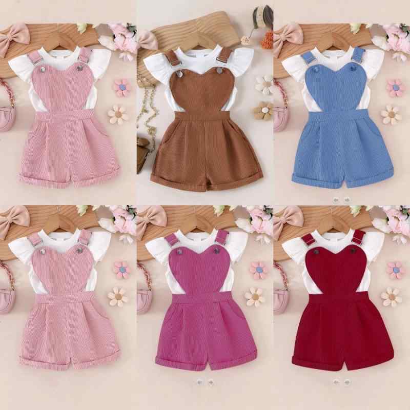セットアップ 女の子 キッズ 子供服 春夏 綿 コットン トップス フリル袖 半袖 丸首 クルーネック 無地 ショートパンツ サロペットパンツ ハート カジュアル 普段使い お出かけ 通園 ピンク ブラウン ブルー