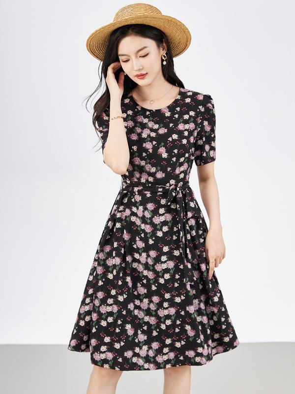 ワンピース レディース 春夏 フレンチスタイル 花柄 シフォン 半袖 高級感 Aライン ミモレ丈 クルーネック ウエストマーク ブラック ピンク オフィス 通勤 お呼ばれ きれいめ エレガント フェミニン 30代 大人