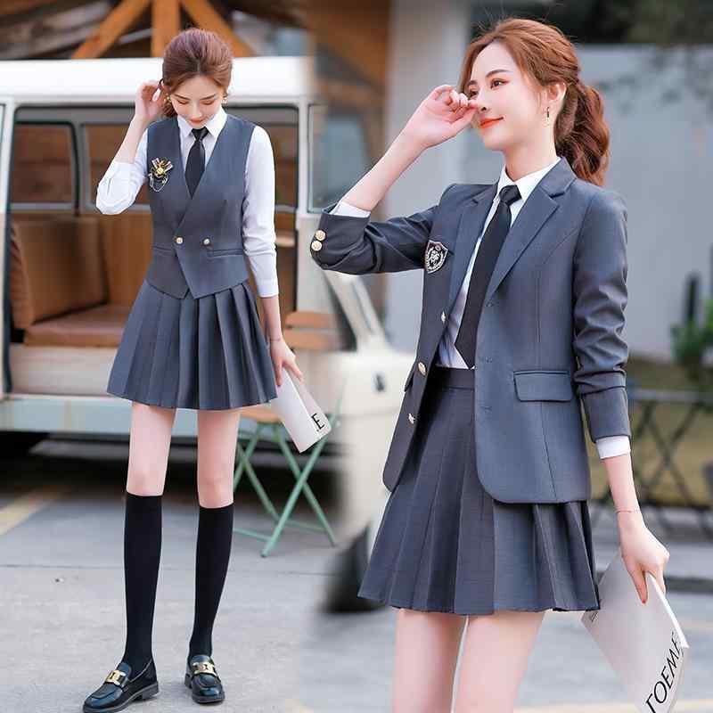 セットアップ レディース 女子高生 制服 3点セット ブレザー テーラードジャケット プリーツスカート シャツ スクール 春秋 綿混 フォーマル 入学式 卒業式 面接 グレー ネイビー ホワイト 長袖 半袖 高級感