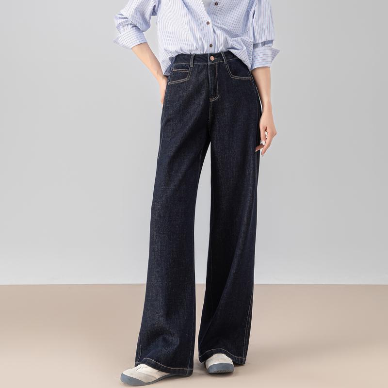 デニムパンツ レディース セミワイド ジーンズ ハイウエスト ストレート ロング丈 ボトムス 綿 リヨセル テンセル 美脚 シンプル カジュアル 着痩せ 脚長効果 体型カバー 落ち感 小柄向け 白 青 秋冬