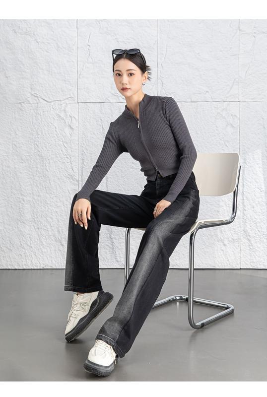 デニムパンツ レディース ワイド ストレート ジーンズ ハイウエスト ボトムス ロング丈 黒 ストレッチ 伸縮性 脚長効果 細見え 小柄 カジュアル 韓国ファッション 春夏 普段使い グラデーション コットン ポリウレタン ウォッシュ