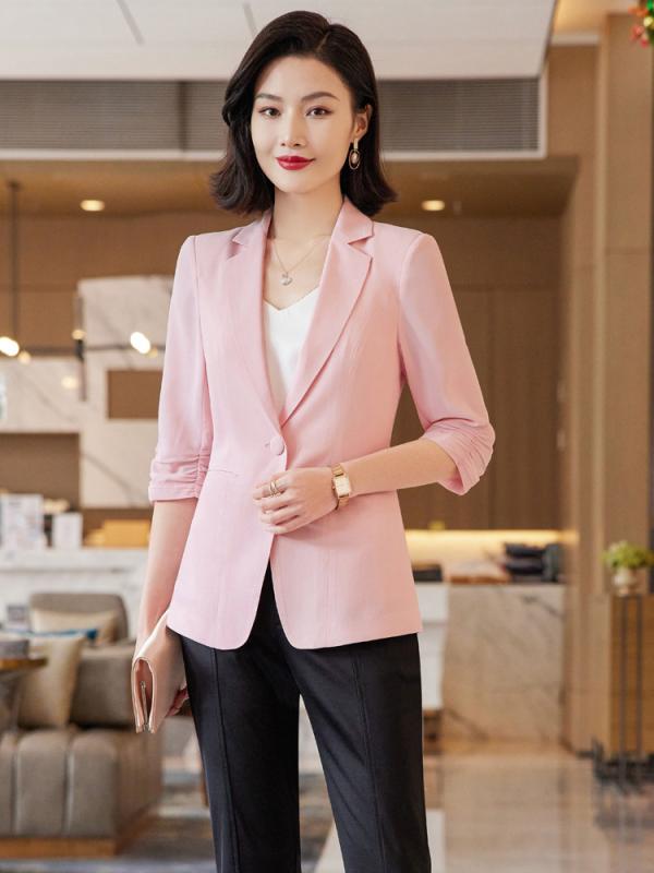 テーラードジャケット レディース アウター 七分袖 事務服 通勤 オフィス きれいめ 韓国 春夏 スリム 着痩せ 体型カバー 無地 ポケット ボタン ポリエステル ホワイト ピンク ブラック カジュアル 30代 高級感