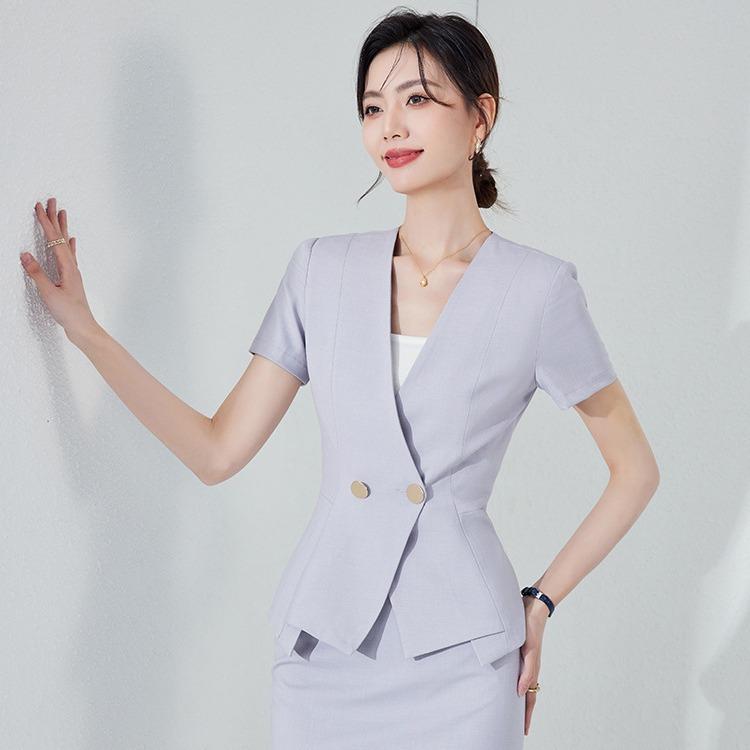 スーツ レディース セットアップ 春夏 テーラードジャケット 半袖 事務服 通勤 オフィス パンツ スカート 高級感 上品 きれいめ ブラック グレー ブルー ポリエステル 涼しい カジュアル シンプル 無地