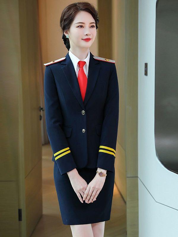 スーツ レディース セットアップ CA 客室乗務員 制服 事務服 受付 ホテル 営業 ジャケット スカート パンツ ブラウス 長袖 秋冬 レッド ブルー ホワイト 清楚 高級感 帽子