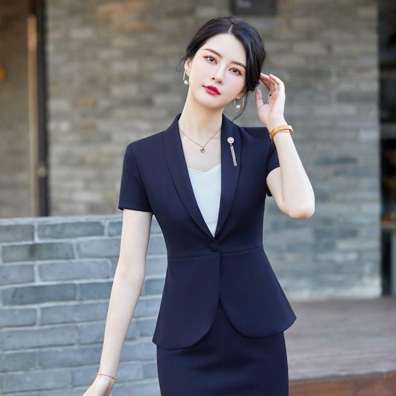 スカートスーツ レディース セットアップ 春夏 半袖 テーラードジャケット タイトスカート 事務服 制服 ビジネス オフィス 通勤 接客 上下セット ブラック ブルー グレー ボタン きれいめ おしゃれ 大きいサイズ フォーマル 40代