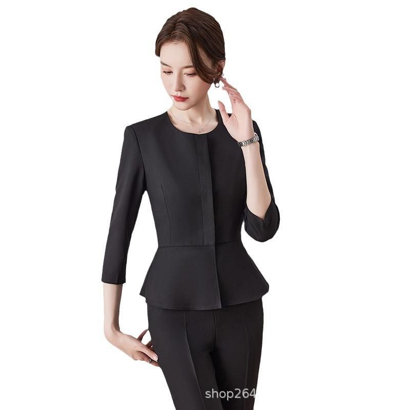 スーツ レディース セットアップ 七分袖 ジャケット パンツ スカート 事務服 制服 ビジネス オフィス OL 通勤 仕事着 ワークウェア 接客 ホテル 美容院 上品 高級感 きれいめ フェミニン 春夏 涼しい ブラック グリーン ブルー