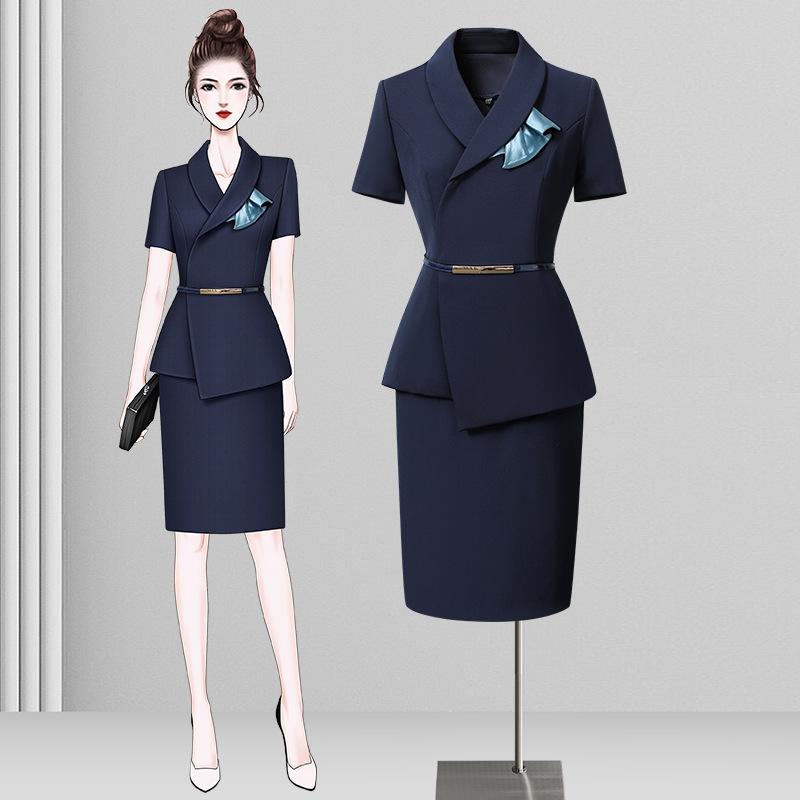 セットアップ レディース 春夏 半袖 ジャケット スーツ スカート 3点セット 事務服 制服 仕事着 ビジネス オフィス 接客 受付 ホテル ワークウェア きれいめ 膝丈 9分丈 クロップドパンツ 紺 ネイビー
