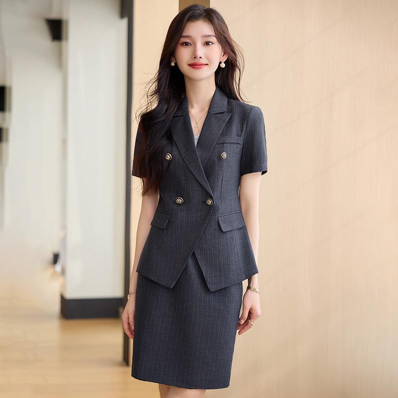 セットアップ レディース 春夏 事務服 ホテル 接客 テーラードジャケット スカートスーツ パンツスーツ 2点セット グレー ブラック ブルー 5分袖 通勤 ビジネス フォーマル 高級感 スリム タイト キレイめ｜フロントップ店