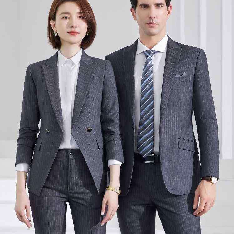 セットアップ メンズ レディース スーツ 上下セット ビジネス 事務服 ストライプ ウール調 高級感 秋冬 長袖 ジャケット パンツ スカート シャツ ベスト ポリエステル 通勤 グレー ブルー 大きいサイズ