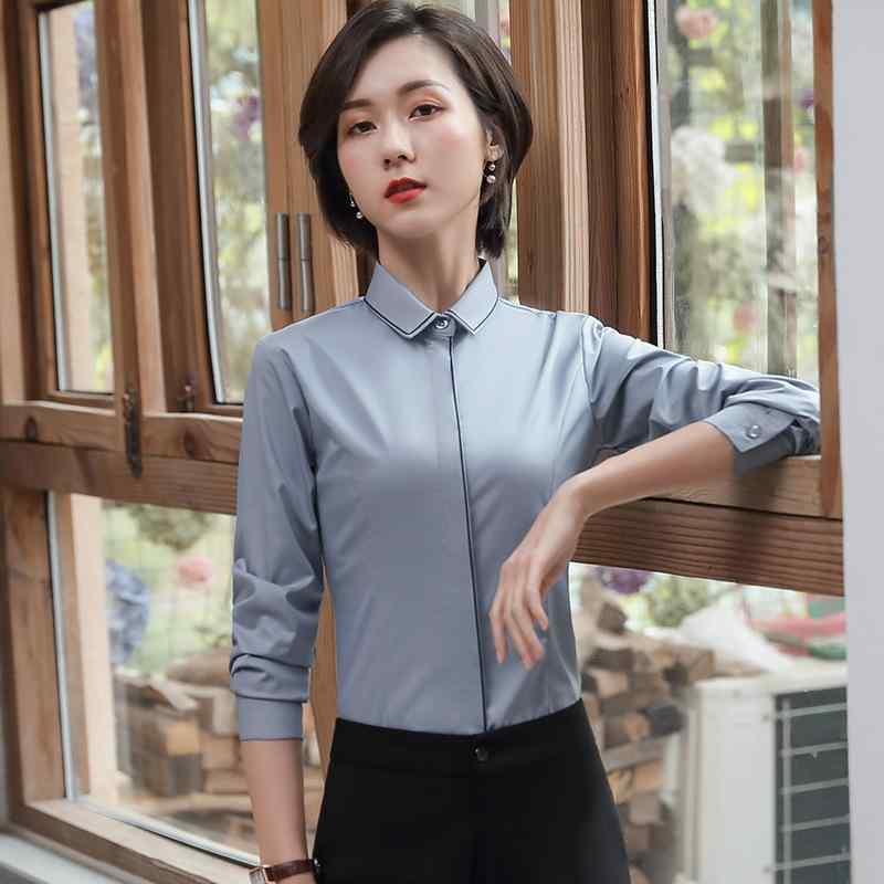 シャツ レディース 春秋 長袖 ブラウス トップス 無地 襟 スクエアカラー 事務服 通勤 オフィスカジュアル きれいめ 上品 エレガント ボタン ポリエステル 伸縮性 ホワイト ライトグレー ライトブルー