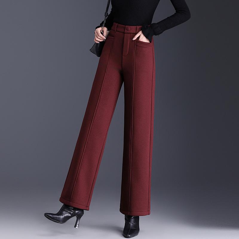 カジュアルパンツ レディース ワイド ストレート 秋冬 裏起毛 ウール調 スラックス ハイウエスト ロング丈 ボトムス 着痩せ 美脚 体型カバー 厚手 暖かい 防寒 ポケット 通勤 オフィス 普段使い ブラック レッド