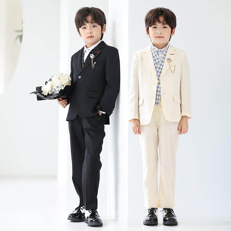 スーツ 男の子 セットアップ 秋冬 かっこいい こども フォーマル 礼服 発表会 結婚式 七五三 チェック柄 英国風 ボーイズ ジュニア キッズ ジャケット パンツ ズボン ベスト ボタン 高級感 ベージュ ブラック 正装