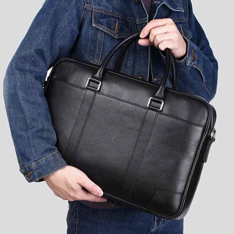 手提げ鞄 メンズ ビジネスバッグ ブリーフケース レザー 牛革 レザー 高級感 15インチ PC収納 パソコンバッグ 通勤 出張 営業 仕事 カバン 鞄 かばん 丈夫 耐摩耗性 シンプル 無地 ステッチ ブラック 春夏 紳士用 カジュアル