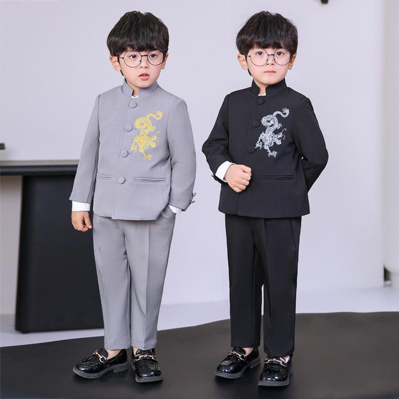 セットアップ 男の子 キッズ 子供 中山服 マオカラー フォーマルスーツ 礼服 卒業式 発表会 冠婚葬祭 スタンドカラー 立襟 ボタン 刺繍 長袖 春秋 ポリエステル グレー ブラック 高級感 かわいい