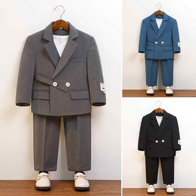 スーツ キッズ 男の子 セットアップ フォーマル 礼服 テーラードジャケット パンツ スラックス 長袖 襟 ボタン 英国風 カジュアル 無地 春秋冬 結婚式 発表会 七五三 ポリエステル 混紡 グレー ブラック ブルー