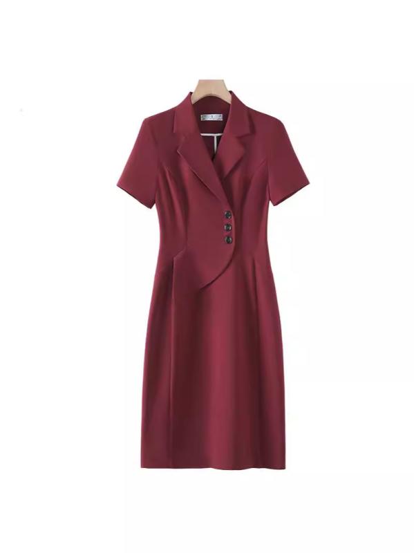 ワンピース レディース 春夏 半袖 ミディ丈 タイト テーラードカラー オフィス 通勤 制服 事務服 ハイウエスト 立体裁断 痩せ見え 上品 きれいめ 高級感 イージーケア ボタン 無地 ブラック ネイビー ワインレッド