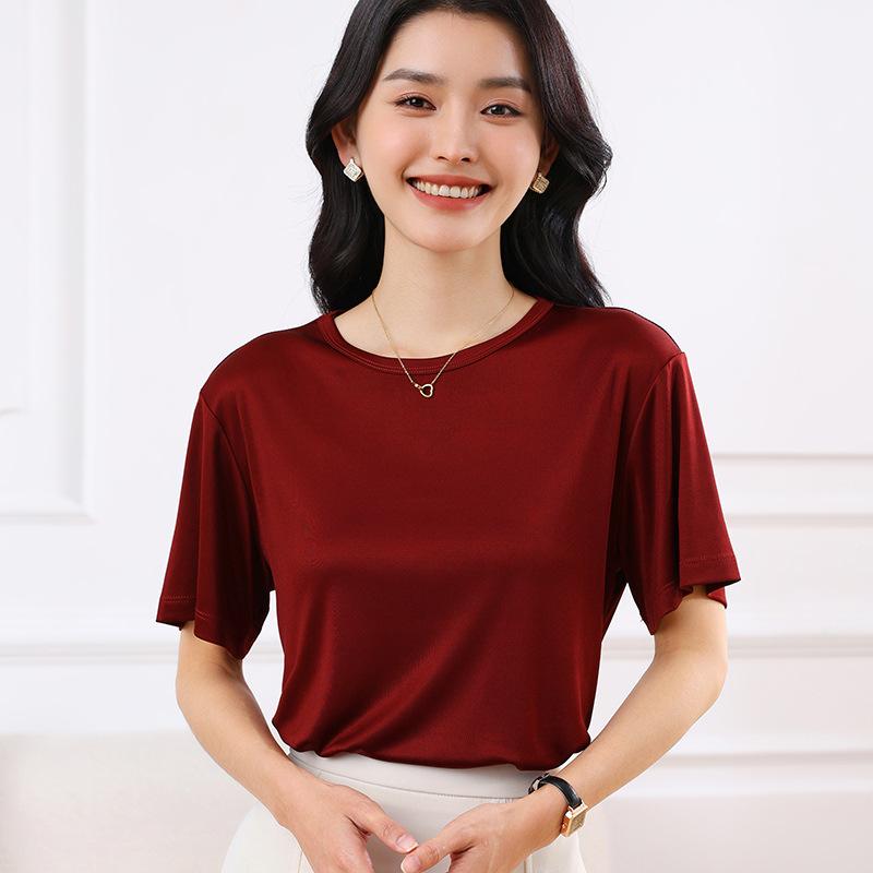 Tシャツ レディース 半袖 クルーネック 丸襟 三アセテート繊維 サテン素材 春夏 トップス カットソー ゆったり 無地 着痩せ きれいめ 上品 インナー 通勤 オフィスカジュアル ホワイト グレー カーキ