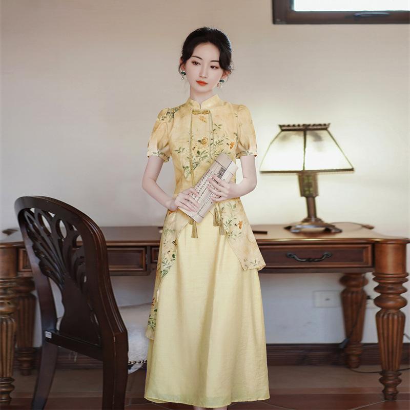 ワンピース レディース チャイナドレス レトロ 花柄 立ち襟 ハイウエスト ミモレ丈 パフスリーブ 半袖 ポリエステル エレガント 上品 高級感 華やか お呼ばれ パーティー 二次会 春夏 膝下 Ａライン ボタン 型