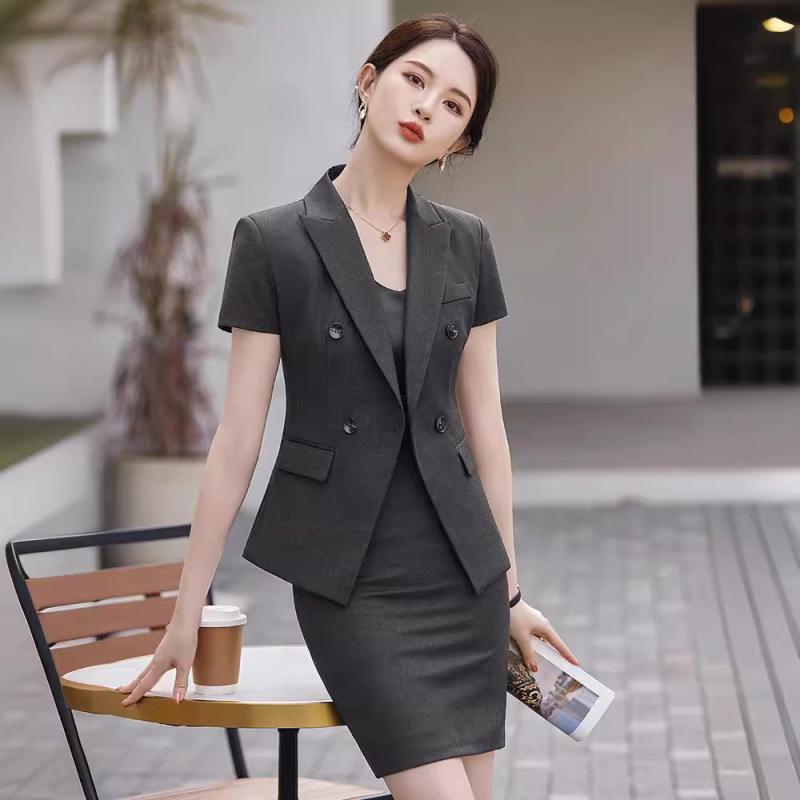 セットアップ レディース 春夏 半袖 三分袖 スーツ 事務服 制服 ホテル ビジネス フォーマル テーラードジャケット スカート パンツ スラックス エレガント きれいめ ポリエステル ブラック グレー ブルー