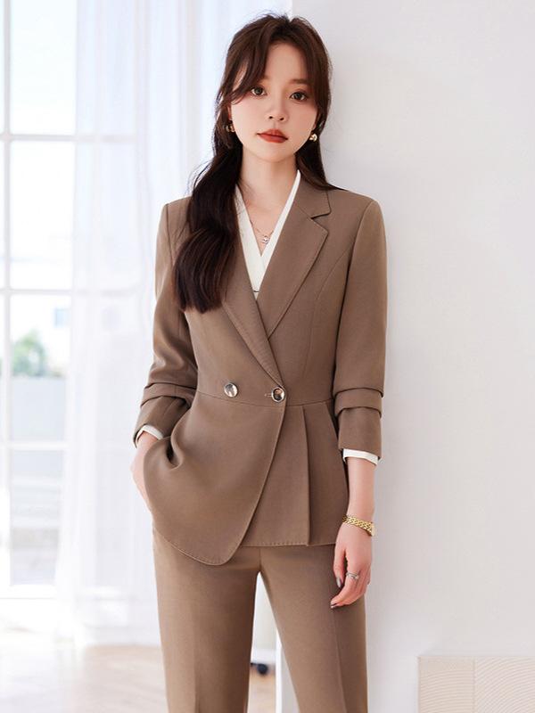 セットアップ レディース 春秋 橙 コーヒー ブルー テーラードジャケット ロングパンツ スーツ 通勤 事務服 オフィス きれいめ エレガント 高級感 低身長 韓国ファッション おしゃれ 大人 30代 長袖 ポリエステル 伸縮性