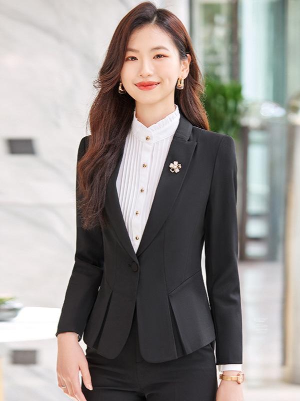 セットアップ レディース パンツスーツ 上下セット 事務服 ジャケット スラックス 韓国ファッション おしゃれ 上品 高級感 オフィス ビジネス 通勤 受付 接客 ポリエステル 長袖 九分丈 ボタン ブラック ホワイト 秋冬