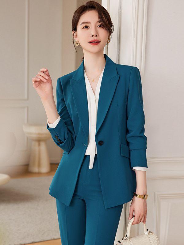 スーツ レディース セットアップ 秋冬 テーラードジャケット ロングパンツ 長袖 フォーマル 通勤 オフィス 制服 ワークウェア 無地 ポリエステル 高級感 上品 エレガント きれいめ ブラック ネイビー ブルー 宝石店
