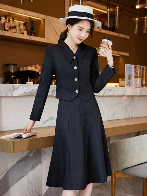 セットアップ レディース テーラードジャケット スカート 2点セット 秋冬 通勤 オフィス 事務服 ビジネス フォーマル きれいめ 上品 高級感 ショート丈 小さいサイズ 膝丈 ミモレ丈 長袖 無地 ポリエステル ブラック イエロー グリーン