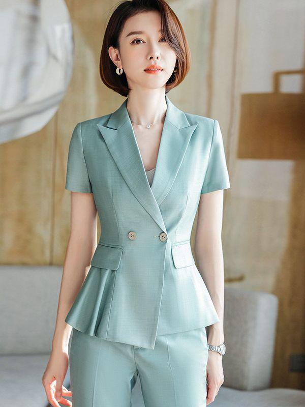 セットアップ レディース 半袖 テーラードジャケット 春夏 事務服 制服 パンツ スカート 通勤 オフィス 接客 受付 きれいめ スタイリッシュ ストレッチ 涼しい 薄手 無地 ボタン グリーン ブラック ポリエステル