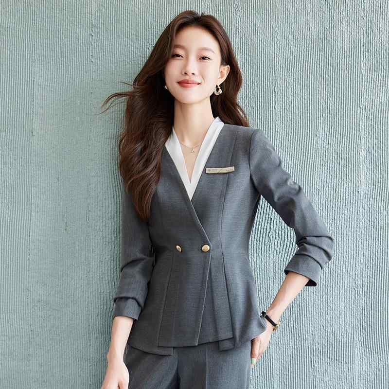 パンツスーツ レディース 秋冬 セットアップ 事務服 テーラードジャケット スラックス 長袖 ブラック グレー ストレッチ ポリエステル 高級感 オフィス 通勤 ホテル 無地 シンプル エレガント きれいめ 伸縮性 上品