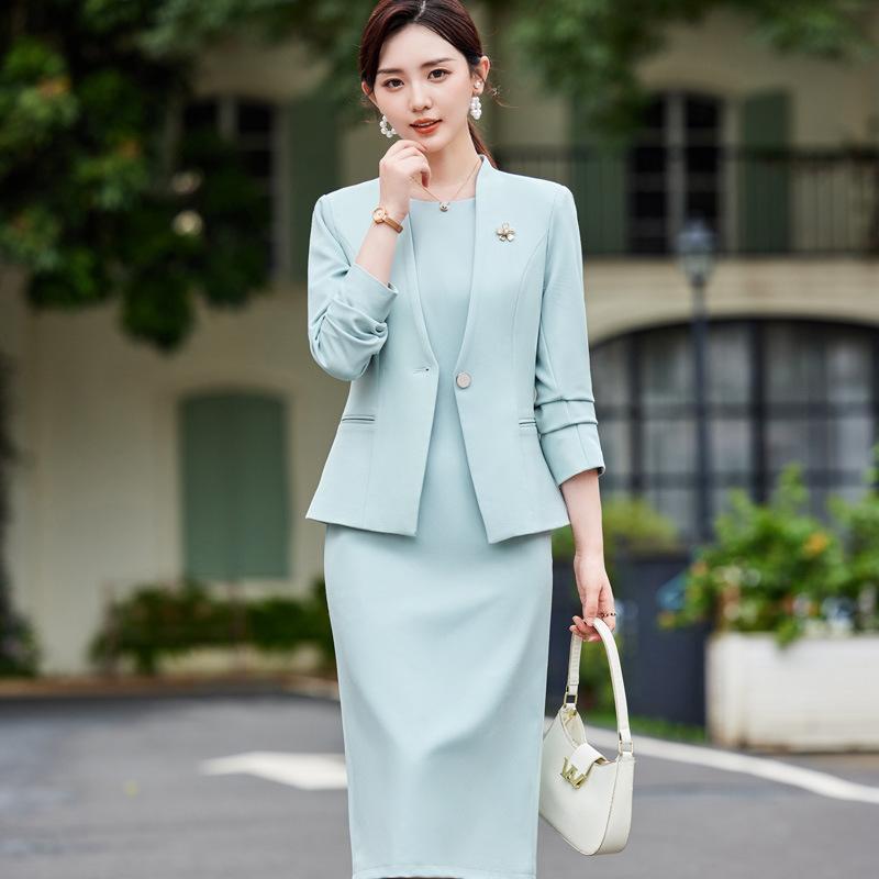 セットアップ レディース テーラードジャケット ワンピース スーツ 通勤 事務服 ビジネス フォーマル 上品 高級感 エレガント 長袖 無地 大きいサイズ ミモレ丈 秋冬 ピンク ブラック スカイブルー ポリエステル