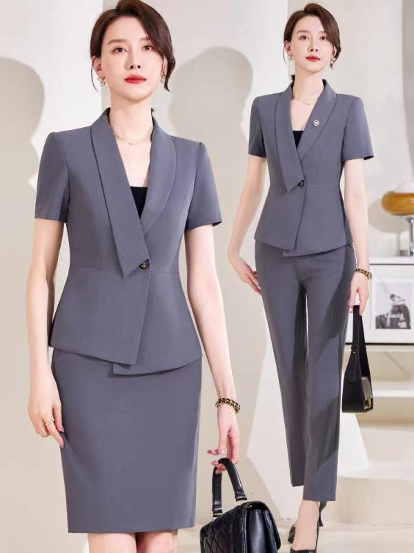 セットアップ レディース 春夏 半袖 テーラードジャケット スカート パンツ ビジネス 事務服 エステ スーツ 薄手 軽量 通気性 ストレッチ 高級感 上品 エレガント きれいめ 大人 ポリエステル 無地 黒 グレー