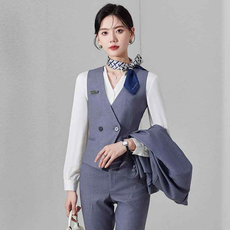 セットアップ レディース ブラック グレー ネイビー 秋冬 通勤 オフィス 受付 Vネック ボタン スリム 事務服 制服 仕事着 ビジネス 高級感 清潔感 ポリエステル ジレ ベスト パンツ スカート 上下セット スラックス