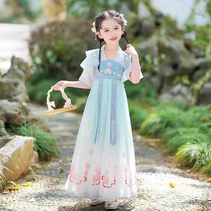 漢服 女の子 子供 中華風 チャイナドレス 民族衣装 ワンピース 唐装 春夏 仙女 かわいい 清楚 高級感 華やか 撮影用 発表会 お出かけ レトロ ポリエステル 柔らかい 半袖 長袖 ブルー ピンク グリーン