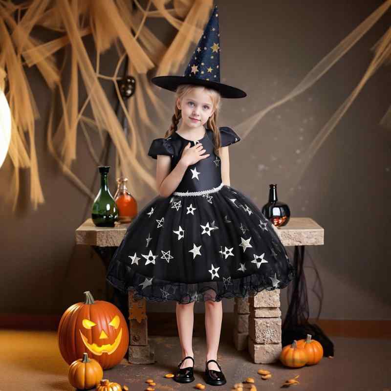 ドレス 女の子 キッズ ハロウィン 仮装 コスプレ 魔女 ウィッチ 帽子 星柄 ワンピース 発表会 パーティー かわいい レッド パープル ブラック サテン オールシーズン チュールスカート 透け感 キラキラ