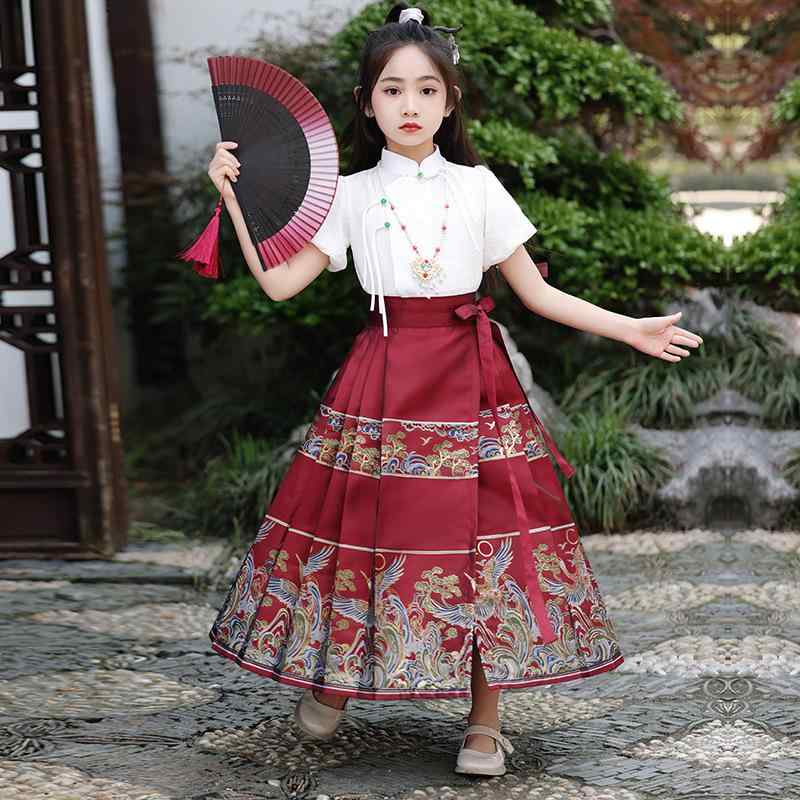 民族衣装 女の子 キッズ 子供 セットアップ マミェンスカート 漢服 中華服 赤 花柄 高級感 ポリエステル 春夏 お出かけ 発表会 七五三 カジュアル かわいい 古風 チャイナ風 伝統的 ソフト加工 通気性 華やか 記念撮影