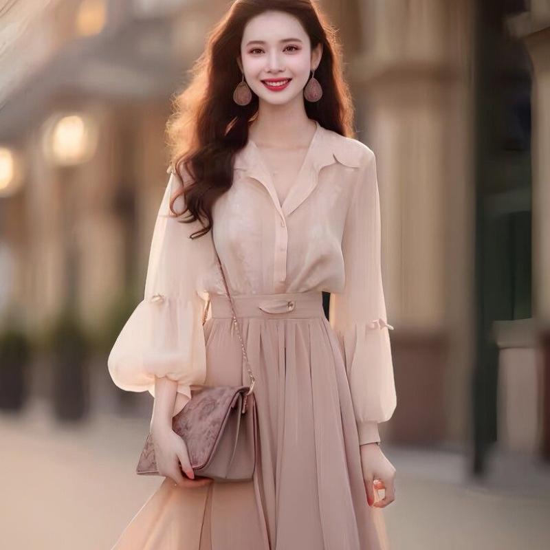 セットアップ レディース 春夏 ワンピース シフォン パフスリーブ ランタンスリーブ Aライン ハイウエスト ロング丈 ミモレ丈 リボン ピンク ポロ襟 ボタン ヴィンテージ風 フェミニン 上品 高級感 通勤 お出かけ
