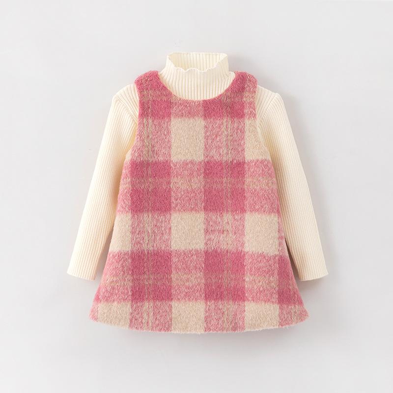 ワンピース 女の子 キッズ 子供服 ジャンパースカート Aライン 秋冬 裏起毛 暖かい ピンク チェック 格子柄 ウサギ かわいい 上品 高級感 お出かけ 通学 普段使い 柔らかい ナイロン アクリル ノースリーブ