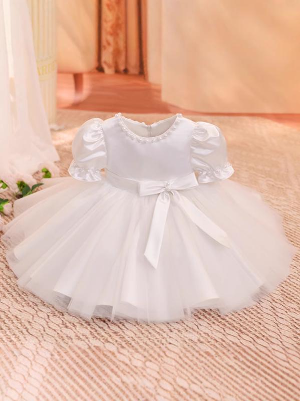 ワンピース 女の子 キッズ 子供 チュール ドレス チュチュ プリンセス フォーマル 発表会 結婚式 パーティー 半袖 リボン かわいい プリーツ ホワイト ポリエステル レース 透け感 フレア オールシーズン