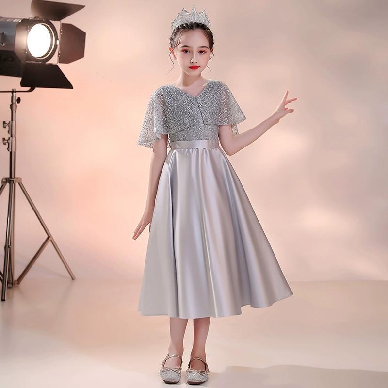 ドレス 女の子 キッズ 子供 シルバー グレー プリンセス ロング ワンピース 演奏会 発表会 司会 ピアノ 衣装 コスチューム モデル ウォーキング エレガント かわいい 高級感 ポリエステル フォーマル オールシーズン