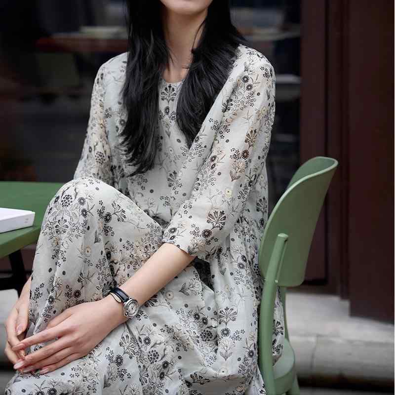 衣装 レディース リネン  麻  小花柄 御花刷り上げる 烏兎 七分袖 労働者の一団素っ首 膝下 midi丈 晴れ晴れしい 好いたらしいめ 窈窕たる 窈窕たる 通い 普段使い走り 執務室 心地好い 自然的 ゆったり 体型覆いかぶせる 成年者 可愛らしい 今めかしい