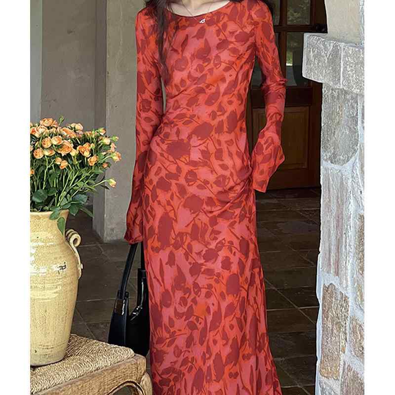 ワンピース レディース ロング 長袖 クルーネック 赤 レッド 総柄 プリント 花柄 タイト スリム 着痩せ ボディコン 若見え きれいめ 上品 エレガント 大人 30代 通勤 オフィス 普段使い 春夏 ドレス|フロントップ店
