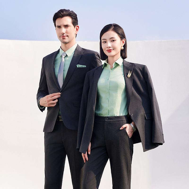 セットアップ メンズ レディース スーツ 春夏 ジャケット スラックス 長袖 ビジネス 事務服 ユニフォーム 仕事着 厚手 サージ生地 ポリエステル 快適 カジュアル ブルー グレー 無地 接客 営業