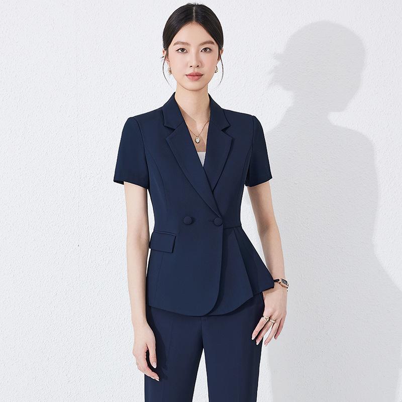 セットアップ レディース 春夏 半袖 ジャケット パンツ スカート スーツ 上下セット 事務服 制服 接客 ユニフォーム 美容院 受付 通勤 オフィス 痩せ見え ウエストシェイプ スリム ストレッチ ネイビー ホワイト ブラック 無地 上品 エレガント